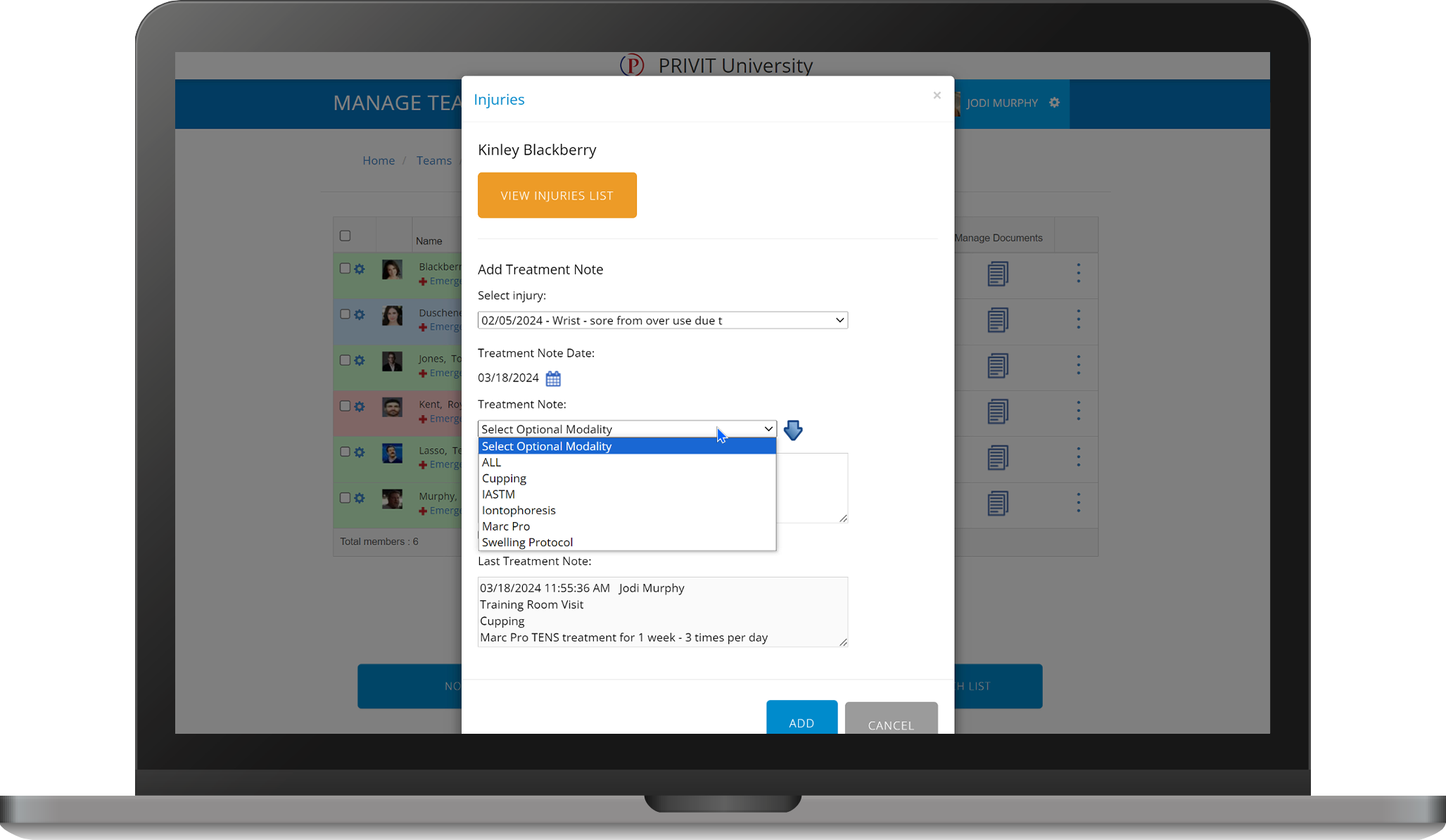 Injury Management - Custom Notes Interface